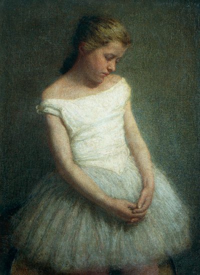 Danseres, klein meisje gekleed in een tutu door Angelo Morbelli