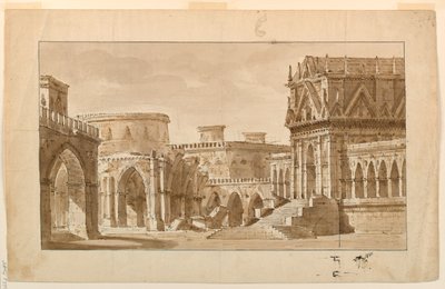 Toneelontwerp, Gotisch Paleis, Kerk en Fort door Angelo Toselli