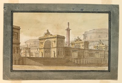 Toneelontwerp, groep paleisgebouwen door Angelo Toselli