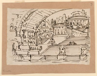 Toneelontwerp, imaginaire stad door Angelo Toselli