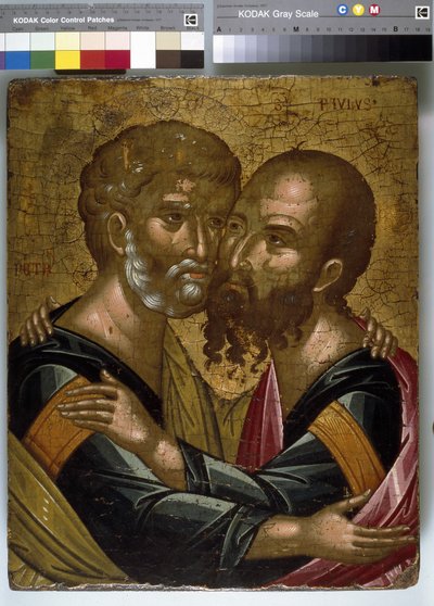 Icoon van de omhelzing van de apostelen Petrus en Paulus door Angelos Akotantos