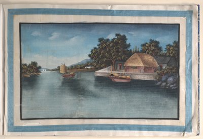 Album met twaalf schilderijen van scènes langs een rivier door Anglo-Chinese School