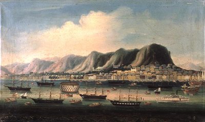 Uitzicht op Hong Kong, met een gevangenisschip en een stoomboot in de haven door Anglo Chinese School