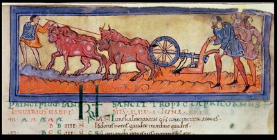Ploegen, uit een kalender, c.1030 door Anglo Saxon