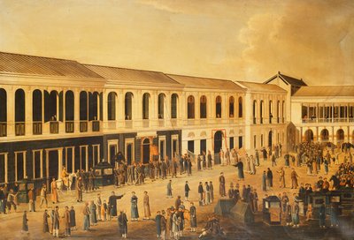 Een uitzicht op de Hongs aan de waterkant van Canton, ca. 1825 door Anglo Chinese School
