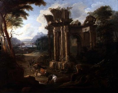 Klassiek Landschap met een Koeherder die zijn Vee Water Geeft door Anglo Flemish School