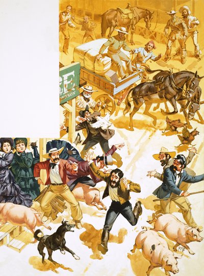 Een man rent door de straten van San Francisco en kondigt de ontdekking van goud aan door Angus McBride