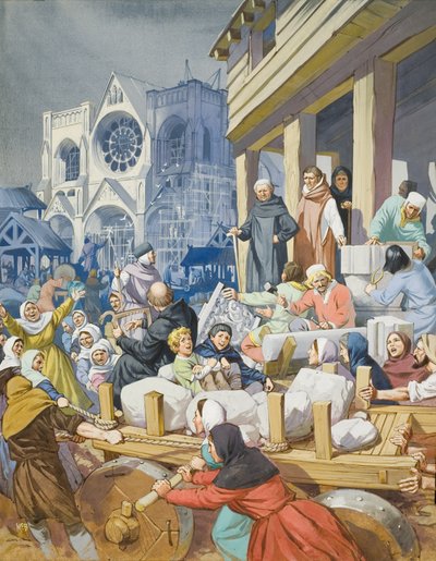Abt Suger (ca.1081-1151) en de bouw van de abdij van St Denis (gouache op papier) door Angus McBride