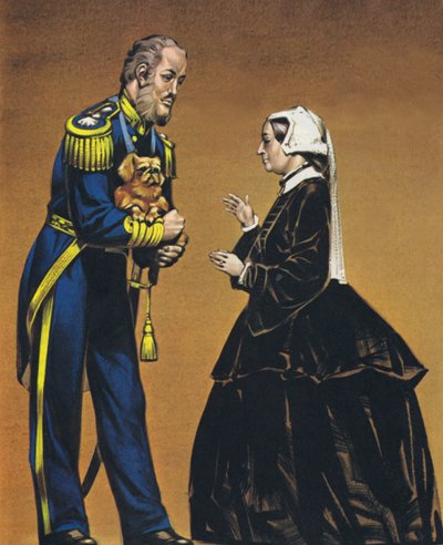 Admiraal Lord Hay met de eerste Pekingees die naar Engeland werd gebracht (kleurenlitho) door Angus McBride