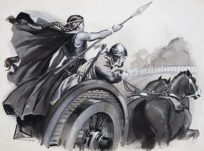 Boadicea zweept de woede van de Britten op tegen hun Romeinse overheersers (gouache op papier) door Angus McBride