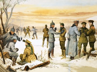Britse en Duitse soldaten houden een kerstbestand tijdens de Grote Oorlog door Angus McBride