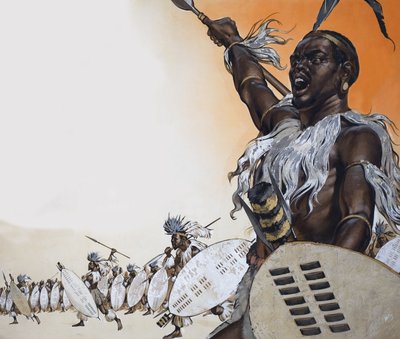 Chaka in gevecht aan het hoofd van het regiment van Tulwana impi (gouache op papier) door Angus McBride