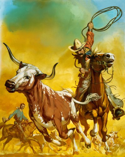 Cowboy lassoënd vee (gouache op papier) door Angus McBride