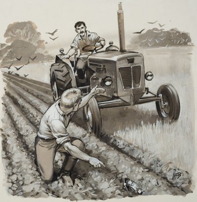 Boer ontdekt antiquarisch relikwie (gouache op papier) door Angus McBride
