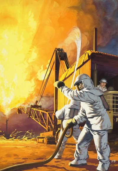 Brandweerman in veiligheidspak bestrijdt een brand in een olieveld door Angus McBride