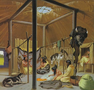 Mandan aarden hut (kleurenlitho) door Angus McBride