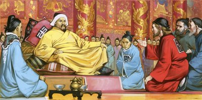 Marco Polo aan het hof van Kublai Khan, 20e eeuw (gouache op papier) door Angus McBride