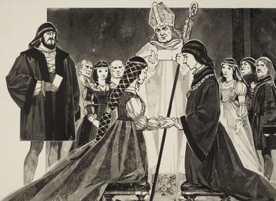 Huwelijk van Lucrezia Borgia (1480-1519) met de hertog Alfonso (gouache op papier) door Angus McBride
