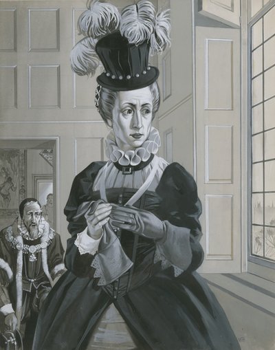 Koningin Elizabeth I, hoort het nieuws over de executie van Mary Queen of Scots (gouache op papier) door Angus McBride
