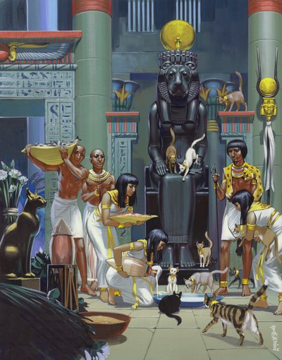 Bedienden voeren katten in een oude Egyptische tempel (gouache op papier) door Angus McBride