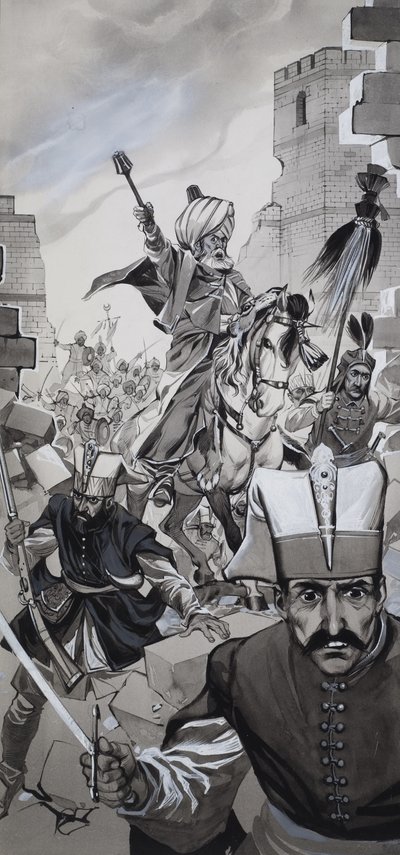 De val van Constantinopel (gouache op papier) door Angus McBride