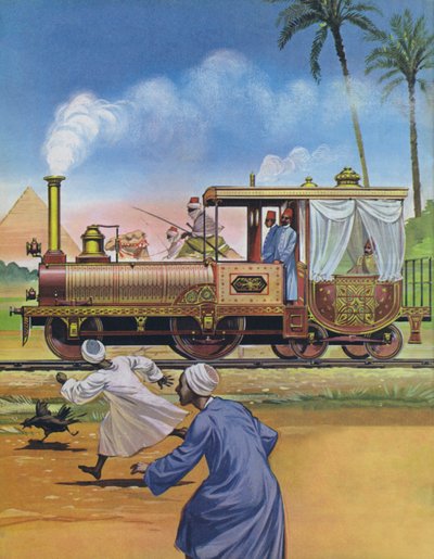 De Khedive van Egypte liet een locomotief en koets bouwen in Engeland in 1862 (kleurenlitho) door Angus McBride