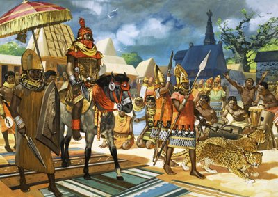 De Oba, of koning, van Benin, West-Afrika, ca.1550 (gouache op papier) door Angus McBride