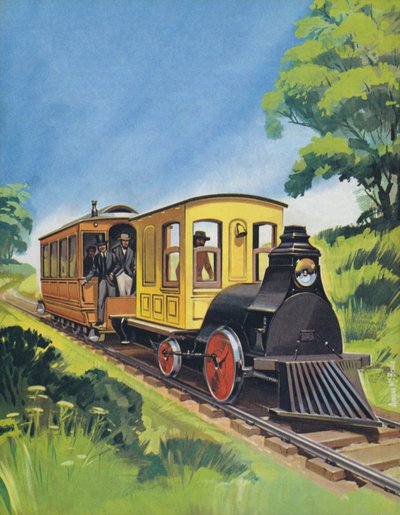 Thomas Edisons elektrische trein, gebouwd in 1882 (kleurenlitho) door Angus McBride