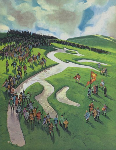 Uffington White Horse, gebouwd door Alfred De Grote na de slag bij Ashdown tegen de Denen (kleurenlitho) door Angus McBride