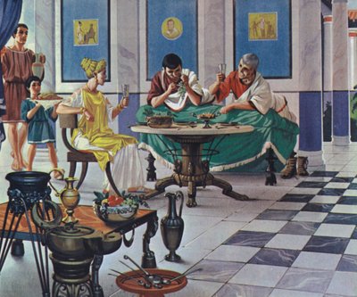 Rijke Romeinse familie, genietend van een maaltijd (kleurenlitho) door Angus McBride