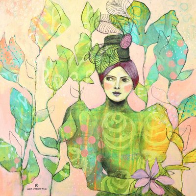 De vrouw met de groene hoed in de tuin door Ania Witwitzka