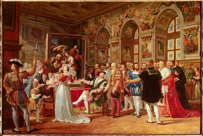 De eeuw van Frans I: Frans I, koning van Frankrijk, ontving het schilderij van de Heilige Familie in Fontainebleau, gestuurd vanuit Rome door Raphael (Raffaello Sanzio, Italiaanse schilder) als eerbetoon aan zijn dankbaarheid. door Anicet Charles Gabriel Lemonnier