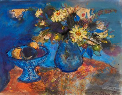 Bloemen en Fruit op Blauw en Oranje door Ann Oram