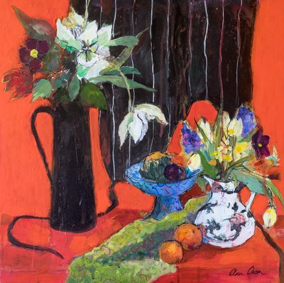 Keuken stilleven op rood, 2019 door Ann Oram