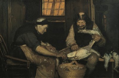 Oud echtpaar plukt meeuwen. Lars Gaihede en oude Lene door Anna Ancher
