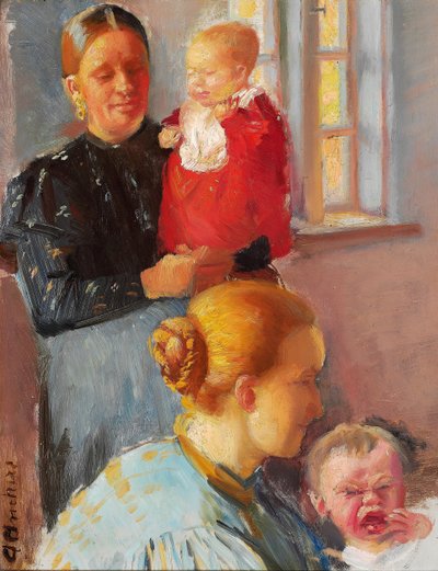 Twee jonge moeders met hun kleine kinderen. Studie voor "Vaccinatie". door Anna Ancher