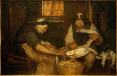 Twee oude mensen die meeuwen plukken. Lars Gaihede en de oude Lene door Anna Ancher
