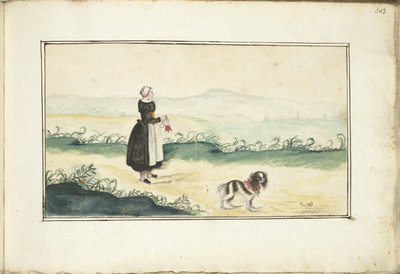 Boerenvrouw en hond in een landschap door Anna Cornelia Moda (possibly)