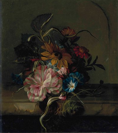 Zonnebloem, haagwinde en tweekleurige tulp door Anna Elisabeth Ruysch