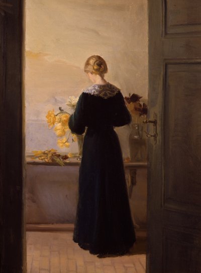 Meisje dat bloemen schikt door Anna Kirstine Ancher