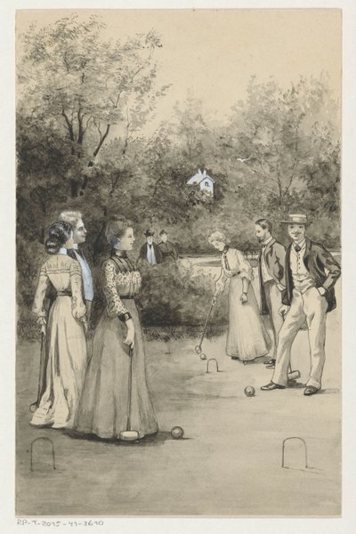 Mannen en vrouwen spelen croquet door Anna Maria Kruijff