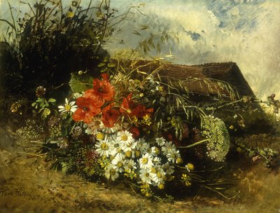Wilde bloemen op een oever, met een huisje in de verte door Anna Peters