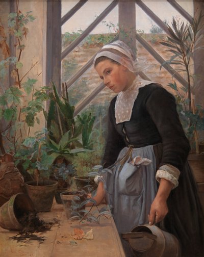 Bretonse Meisje Zorgt voor Planten in de Kas, 1884 door Anna Petersen
