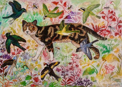 Tabby en de vogels, 2019 (acryl) door Anna Pugh