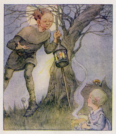 Kinderversje: De man in de maan kwam te vroeg naar beneden (kleur litho) door Anne (after) Anderson