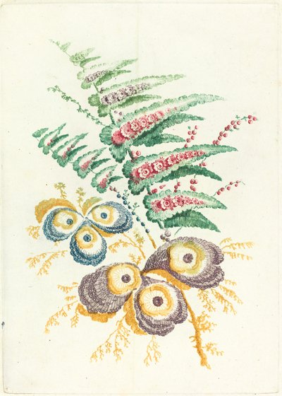 Fantastische bloemen met oesterschelpbloemen door Anne Allen after Jean Baptiste Pillement