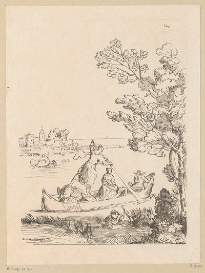 Rivierlandschap met een boot geroeid door een vrouw door Anne Claude Philippe Caylus