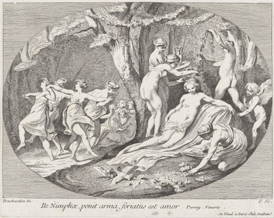 Ga Nimfen, die hun wapens neerleggen, Liefde rust!, 1730-60 door Anne Claude Philippe de Caylus
