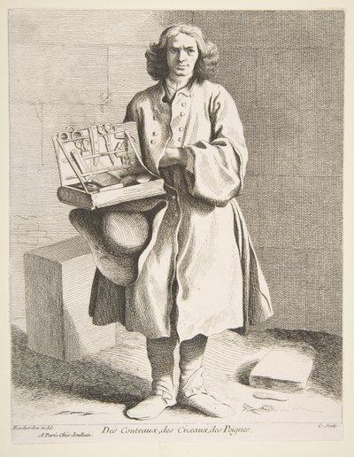 Verkoper van Messen, Scharen en Kammen, 1742 door Anne Claude Philippe de Caylus