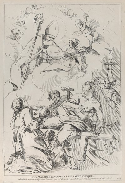 Zieke mensen roepen een bisschopsheilige, die linksboven verschijnt, 1729-40 door Anne Claude Philippe de Caylus